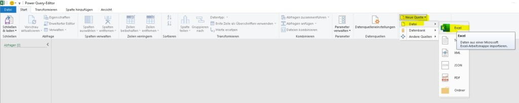 Power Query Quelle in Excel auswählen