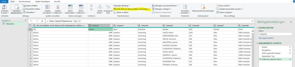 Power Query erste Zeile als Überschrift vewenden