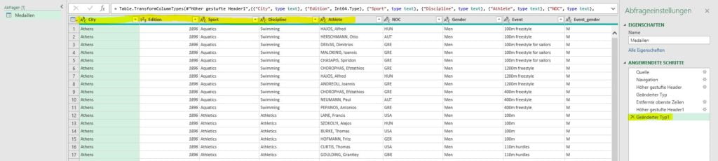 Power Query erste Zeile als Überschrift vewenden nachher