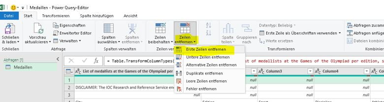 Klicken Sie in der Menübar auf Zeilen entfernen und anschliessend auf "Erste Zeilen entfernen".