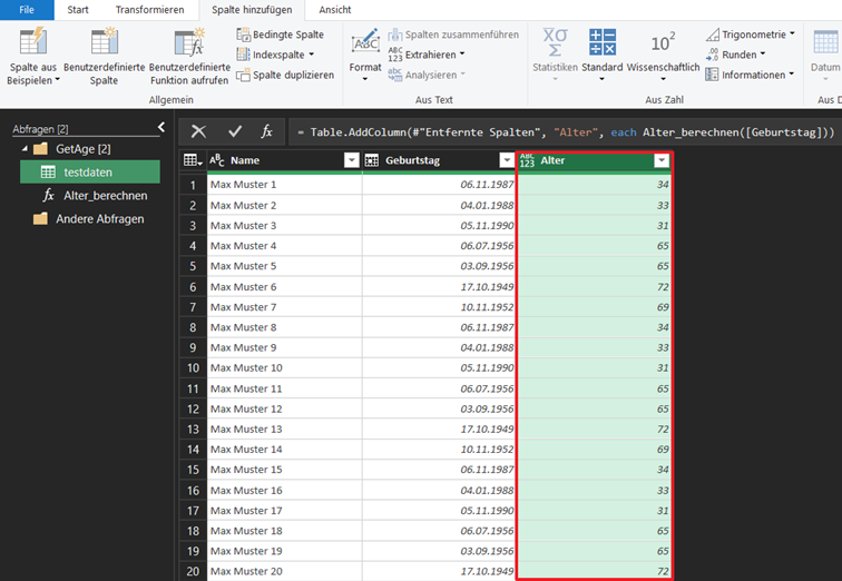 Der Alter wird dann berechnet.