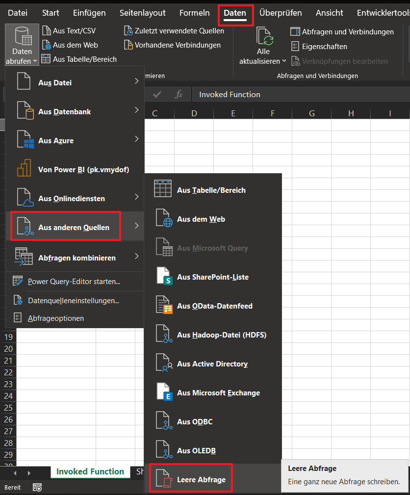Klicken Sie auf Daten > Aus anderen Quellen > Leere Abfrage