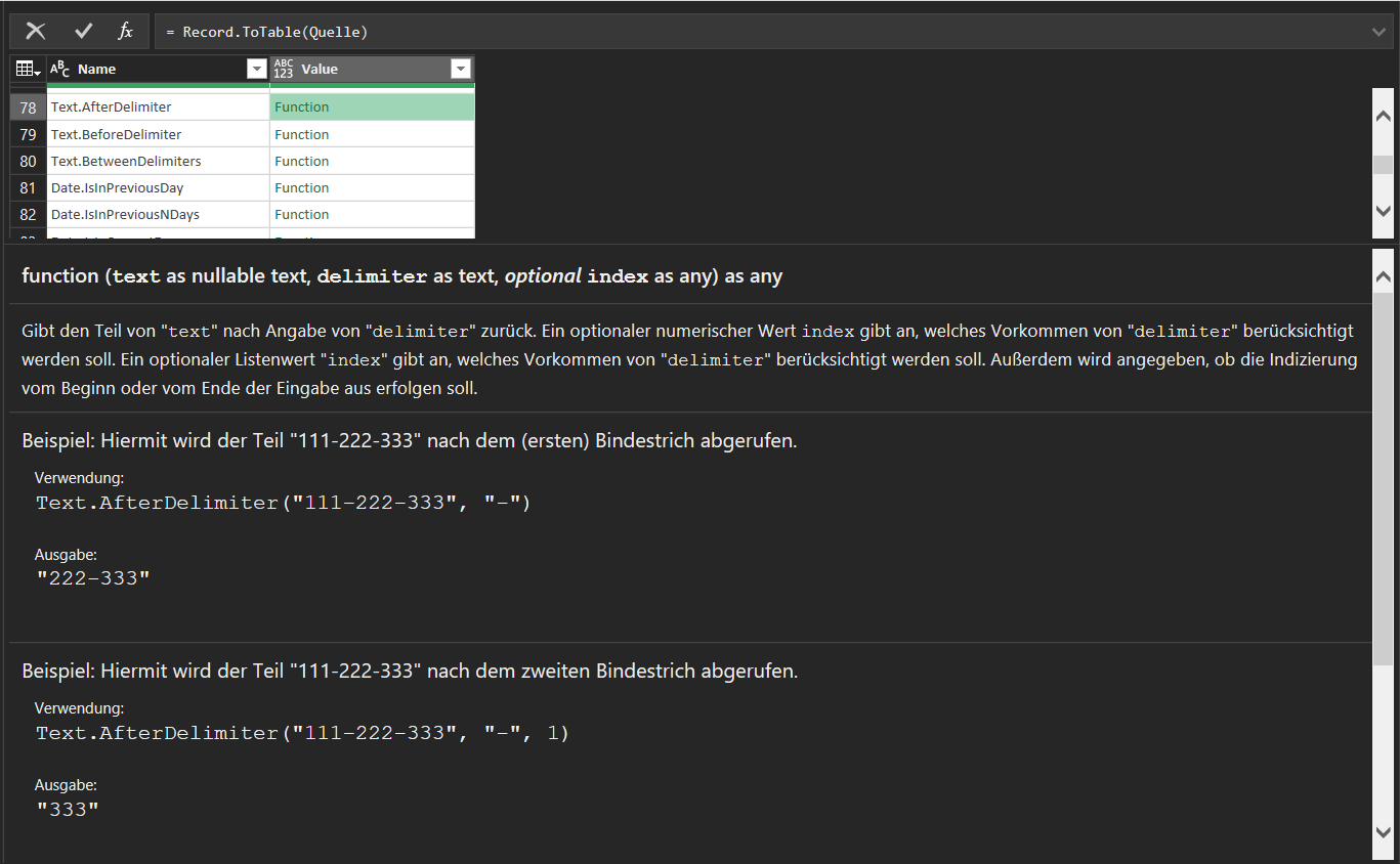 Klicken Sie auf Funktion neben Text.AfterDelimiter
