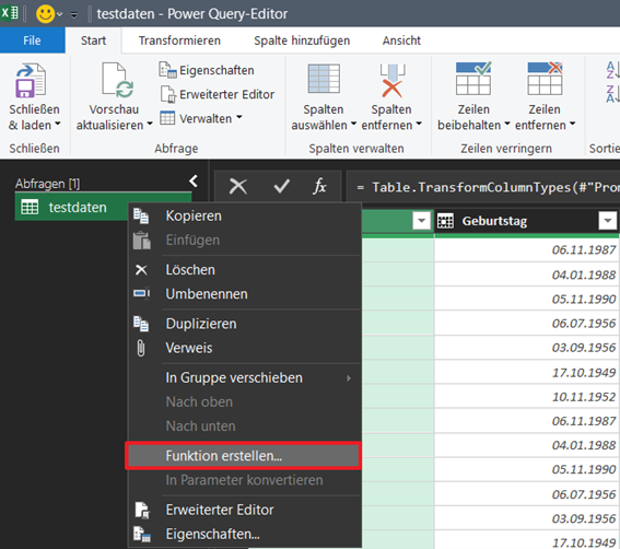Klicken Sie mit der rechten Maustaste auf die Testdaten und klicken Sie auf Funktion erstellen.