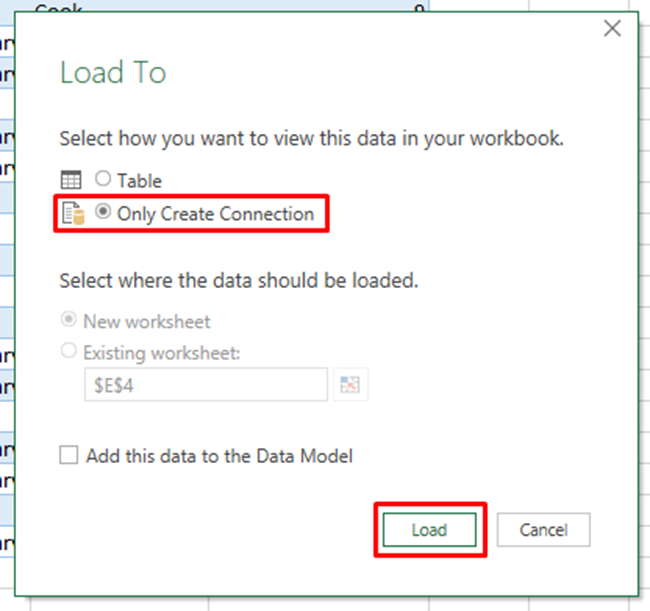 Ein weiteres Fenster wird angezeigt, wählen Sie nur Verbindung erstellen und dann Laden.

Wiederholen Sie diesen Schritt für alle Ihre Tabellen.