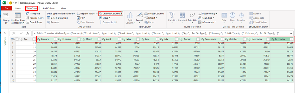 2. Das Power Query-Fenster wird angezeigt, wählen Sie alle Kopfzeilen aus, die Sie in Unpivot umwandeln möchten, und klicken Sie dann auf der Registerkarte „Transform“ auf Unpivot Columns