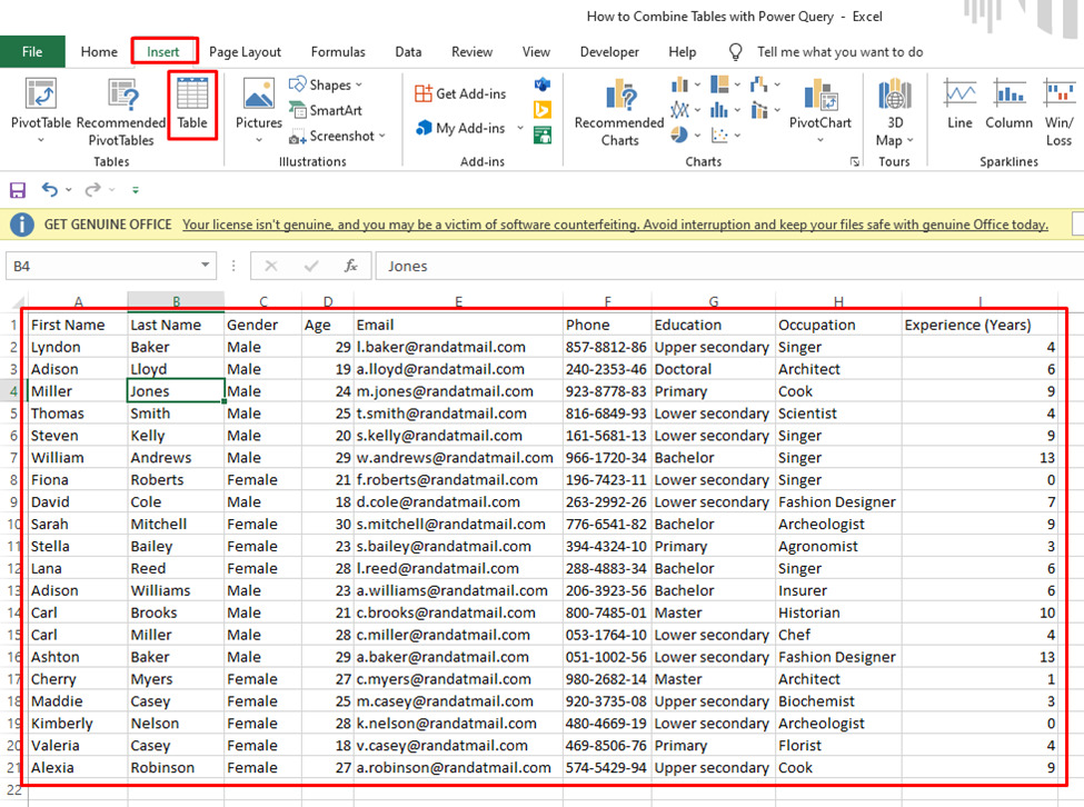 Um einen Datensatz in eine Excel-Tabelle umzuwandeln, wählen Sie einfach eine beliebige Zelle in den Daten aus und wählen Sie dann Tabelle auf der Registerkarte Einfügen.