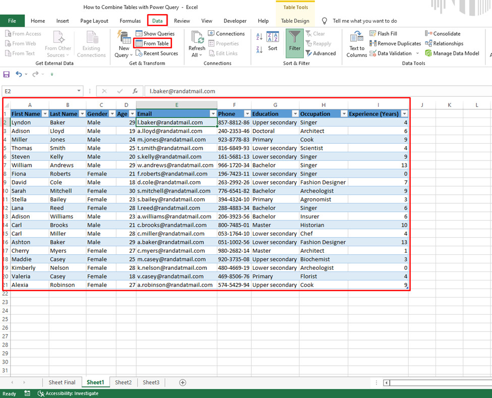 Um die Tabelle in der Power-Abfrage in eine Verbindung umzuwandeln, wählen Sie einfach die Tabelle aus und wählen Sie dann „Aus Tabelle“ auf der Registerkarte „Daten“.