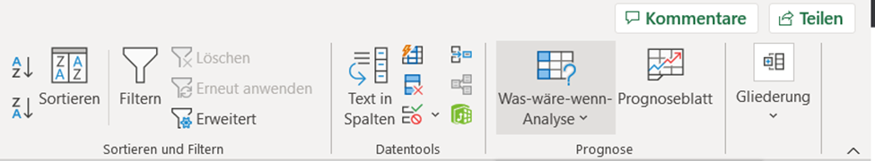 Klicken Sie auf der Registerkarte „Daten“ in der Gruppe „Prognose“ auf Was-wäre-wenn-Analyse.