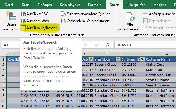 Schritte zum Verknüpfen des Datensatzes und des Nachschlagefelds aus dem Blatt mit Power Query.