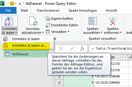 Schliessen und Laden in Power Query