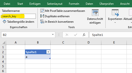 Geben Sie der Tabelle einen erkennbaren Namen, in diesem Beispiel nennen wir ihn „search_key“.