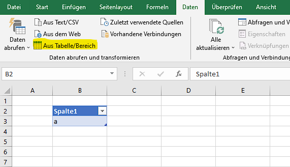 Wählen Sie die Tabelle > Registerkarte «Daten» > «Aus Tabelle/Bereich».