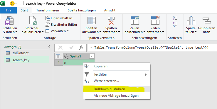 Klicken Sie mit der rechten Maustaste auf den Zellbereich und wählen Sie «Drill Down». Dadurch wird die Tabelle in eine Variable umgewandelt.