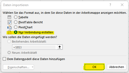 Schalten Sie die Auswahl auf die Option «Nur Verbindung erstellen» um und klicken Sie auf «OK».