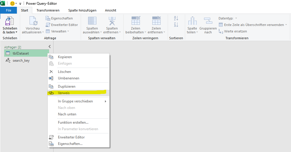 Klicken Sie in der Ansicht des Power Query-Editors mit der rechten Maustaste auf «tblDataset» > Referenz