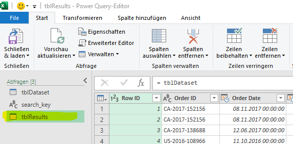 Die Tabelle «tblResults» ist nur eine exakte Kopie des «tblDataset». Das bedeutet, dass alle Aktualisierungen von «tblDataset» auch für «tblResults» gelten.