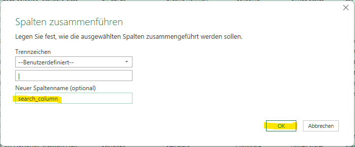 Geben Sie im Feld darunter einen Namen für die neue Spalte ein. In diesem Beispiel nenne ich es «search_column». Klicken Sie dann auf OK.