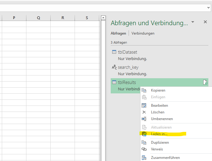 Suchen Sie in der Liste nach «tblResults» > «Laden in» und klicken Sie mit der rechten Maustaste darauf.