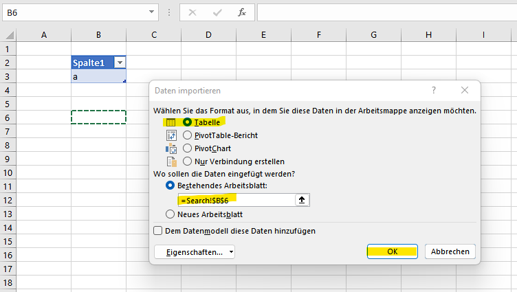 Wählen Sie dann «Tabelle» und den Speicherort zum Laden der tblResults-Daten aus. Klicken Sie dann auf OK