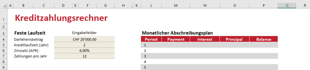 Richten Sie die Amortisationstabelle ein