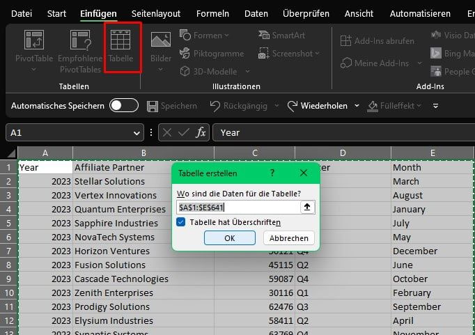 Insert Table in excel